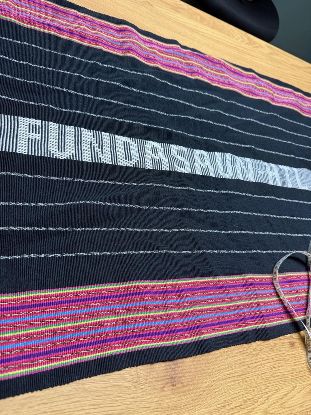 Timor-Leste traditional HandWoven Textiles Tais Black Fringe Runner with Stripes - Picture 2 of 4
